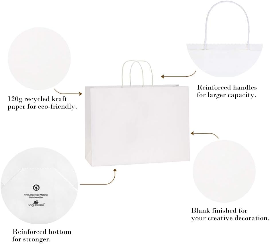 Kraft Paper Bags with Handles 16x6x12 Inch White 50 Pack Bulk