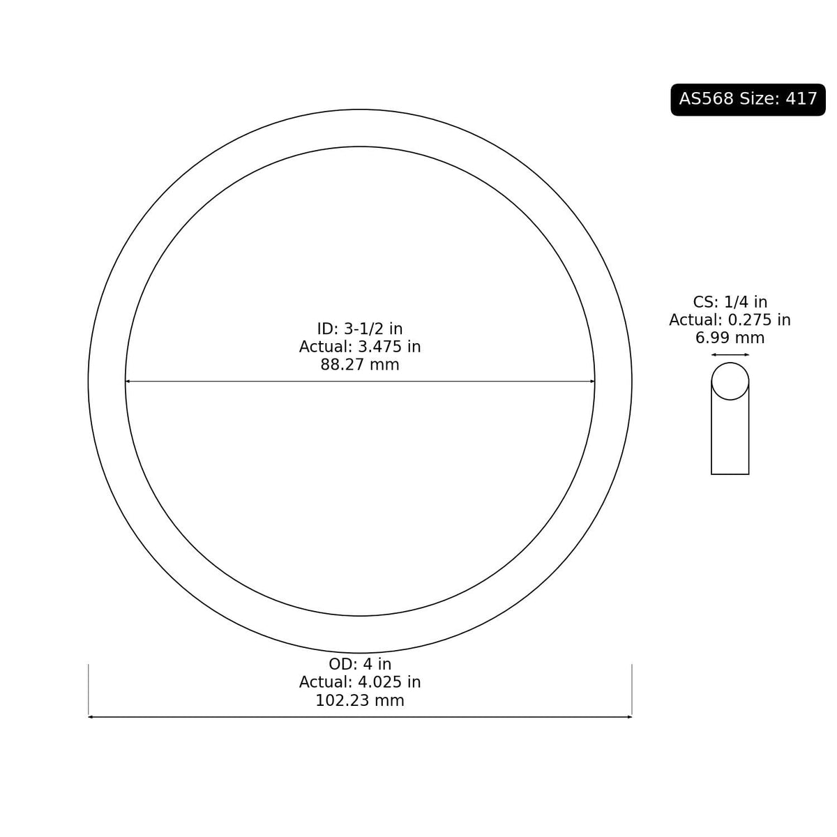 10 PK AS-417 Buna-N O-Ring, 70A 3-1/2" ID, 4" OD, 1/4" Width, Black