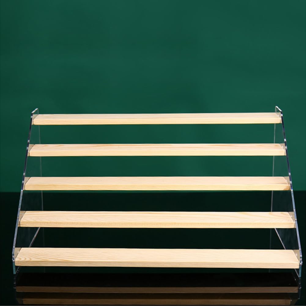 5 Tier Acrylic Wooden Display Stand, Clear Acrylic Display Riser Shelf Wood Tiered Display Shelf Rack Step Ladder