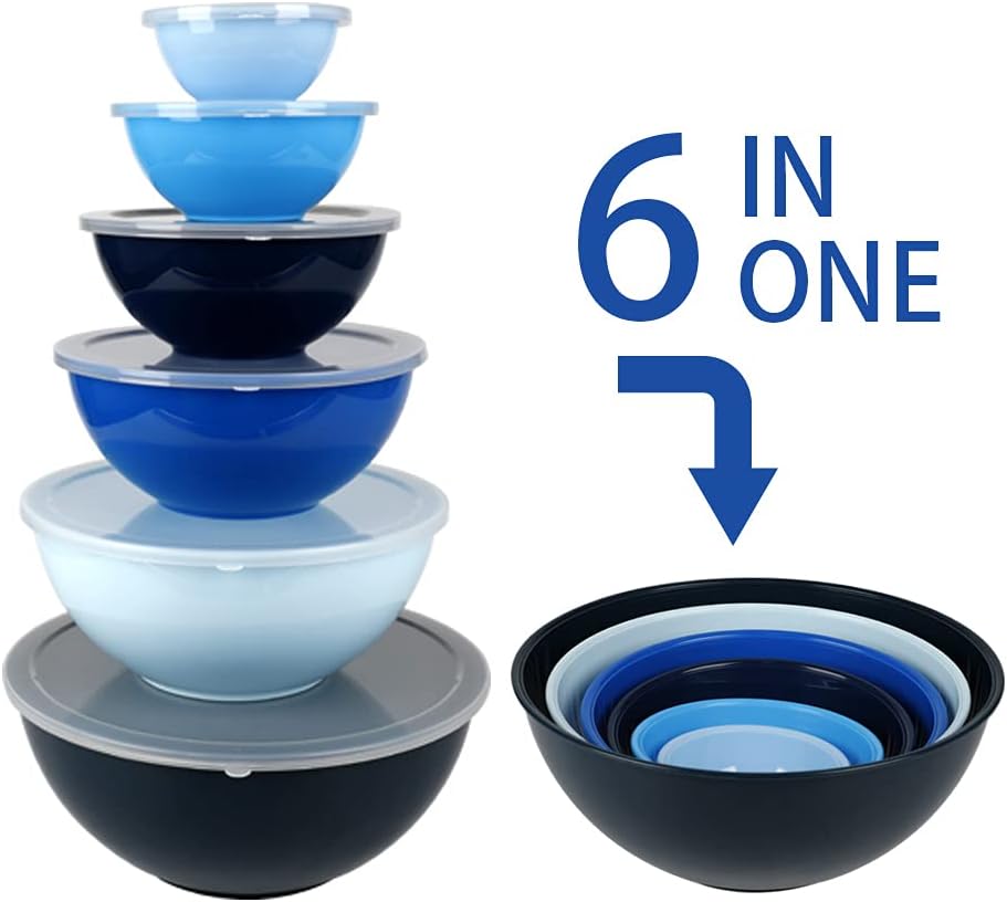 BPA Free Plastic Round Mixing Bowl with Lids, 12 Pack Nesting Bowls with Lids Set, Microwave and Dishwasher Safe Prep