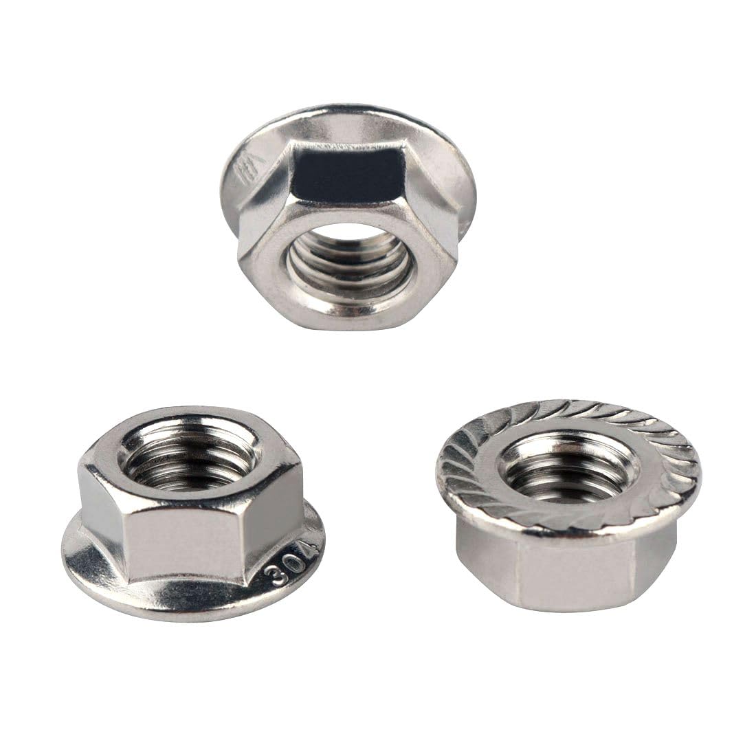 1/4-20 Serrated Flange Hex Lock Nuts 304 Stainless Steel, 50PCS Silver