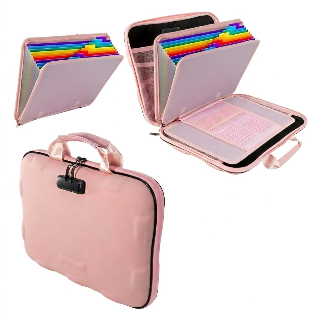 Fireproof Document Box, Hard Case Fireproof File Organizer Box with Lock and 13 Pocket Accordion File Folder