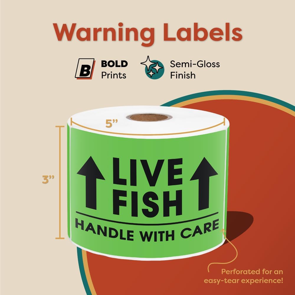 3" X 5" Live Fish This Side Up Shipping Stickers - Handle with Care