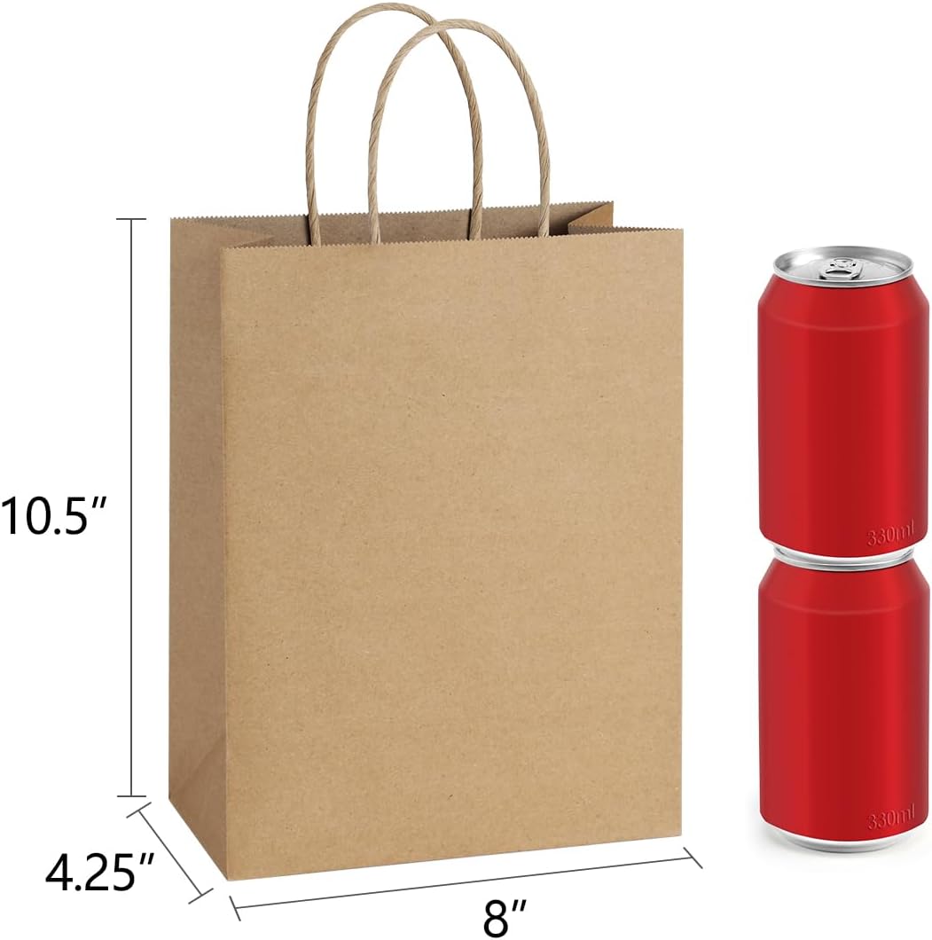 Gift Bags with Handles 8x4.25x10.5 Inch Brown 100 Pack Bulk