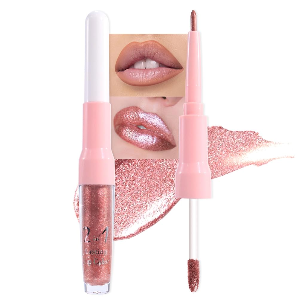 Rose Gold Metallic Lip Liner and Lipstick Combo Lip Gloss Tints Stain Set Makeup for Women Long Lasting Waterproof