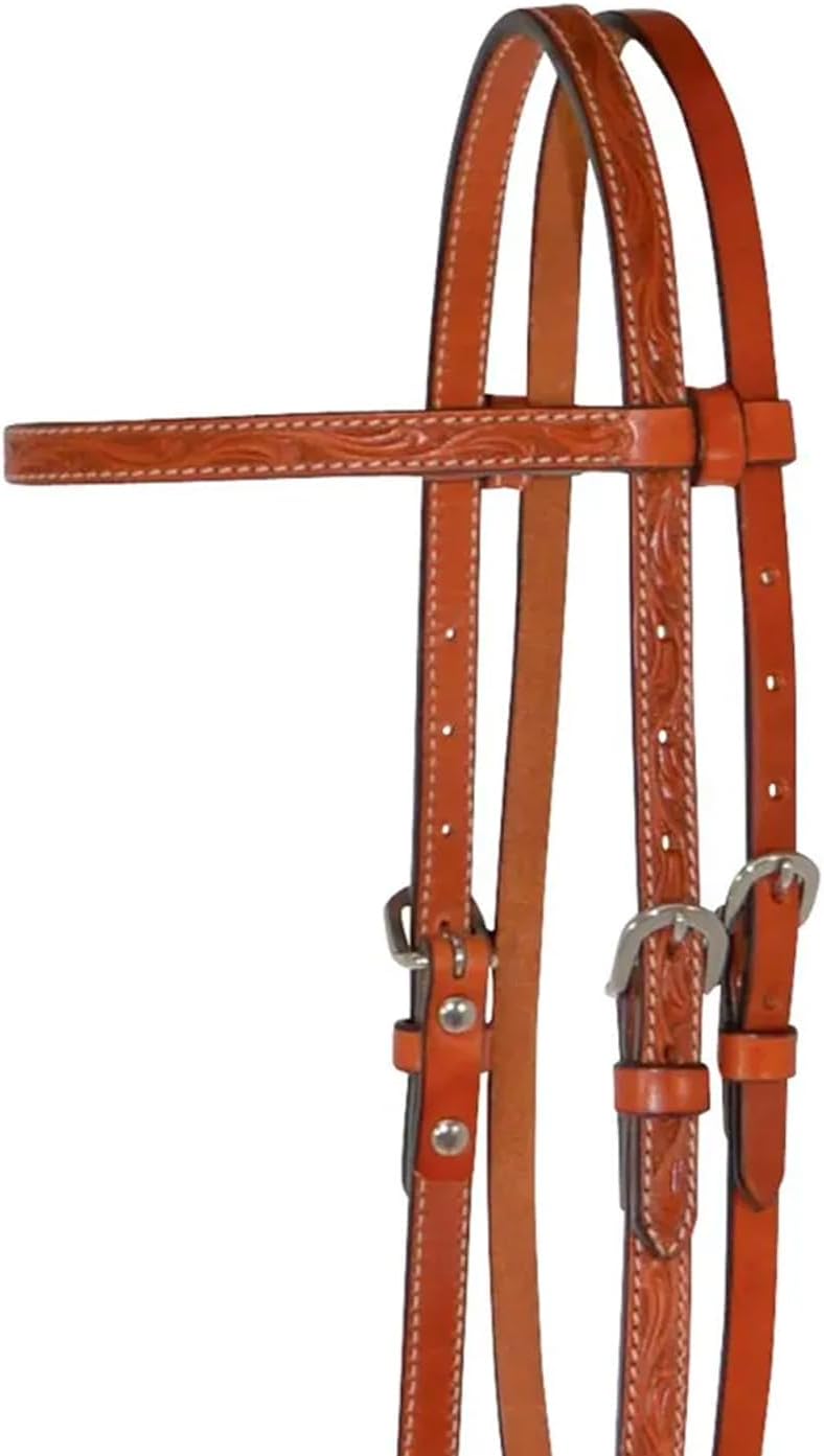 Classic Floral Tooled Browband Headstall, Durable Double-Ply Leather Western Horseback Riding Headstall w/Stainless