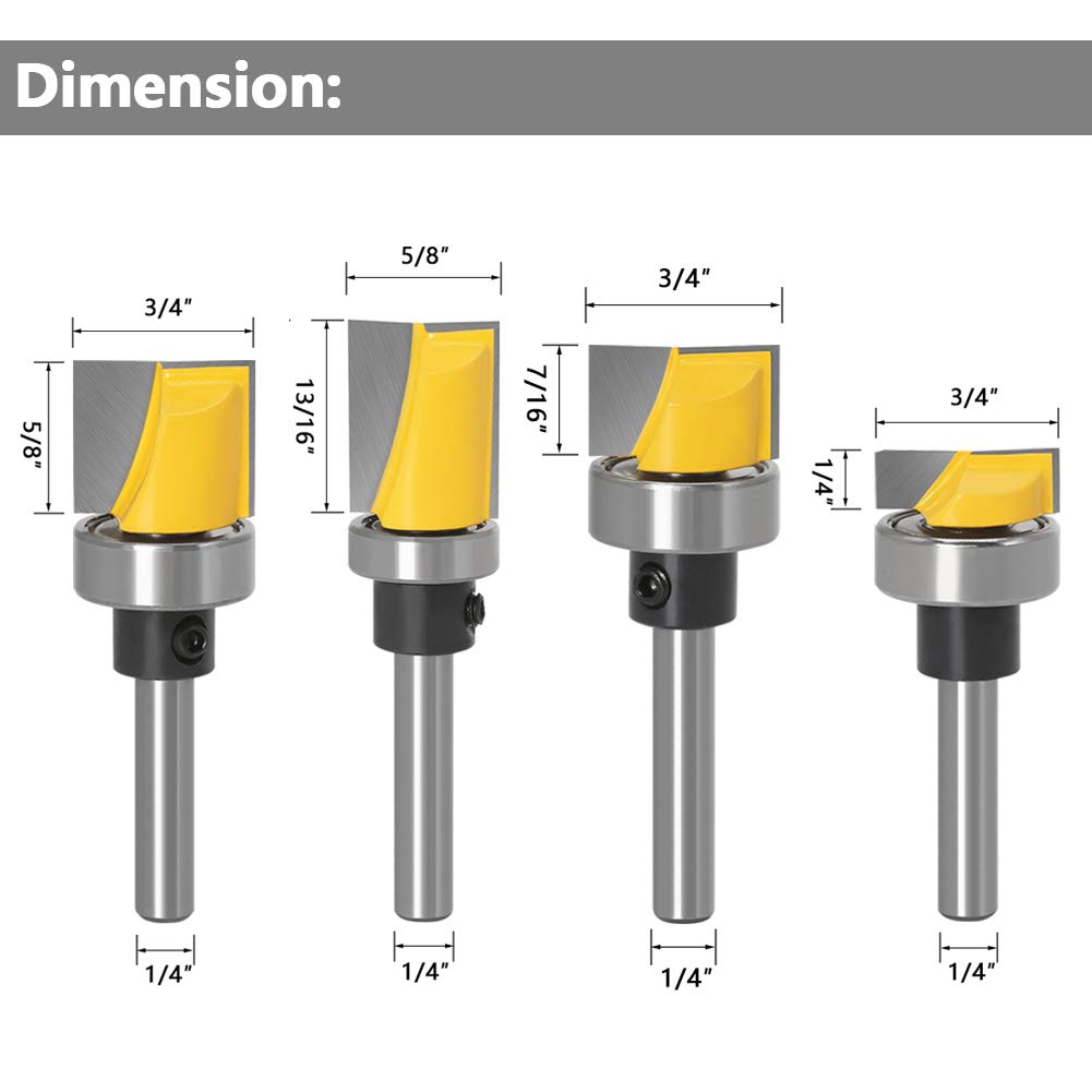 Flush Trim Router Bit Set, 4Pcs 1/4" Shank Ball Bearing Carbide | Anti-kickback anti-stick coating, balanced cut