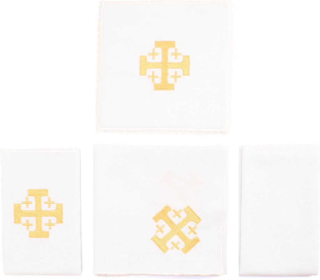4 Pack Altar Supplies Linen Corporal for Churches Set (Pall,Corporal,Purificator,Towel) White Linen Altar Cloth Gold