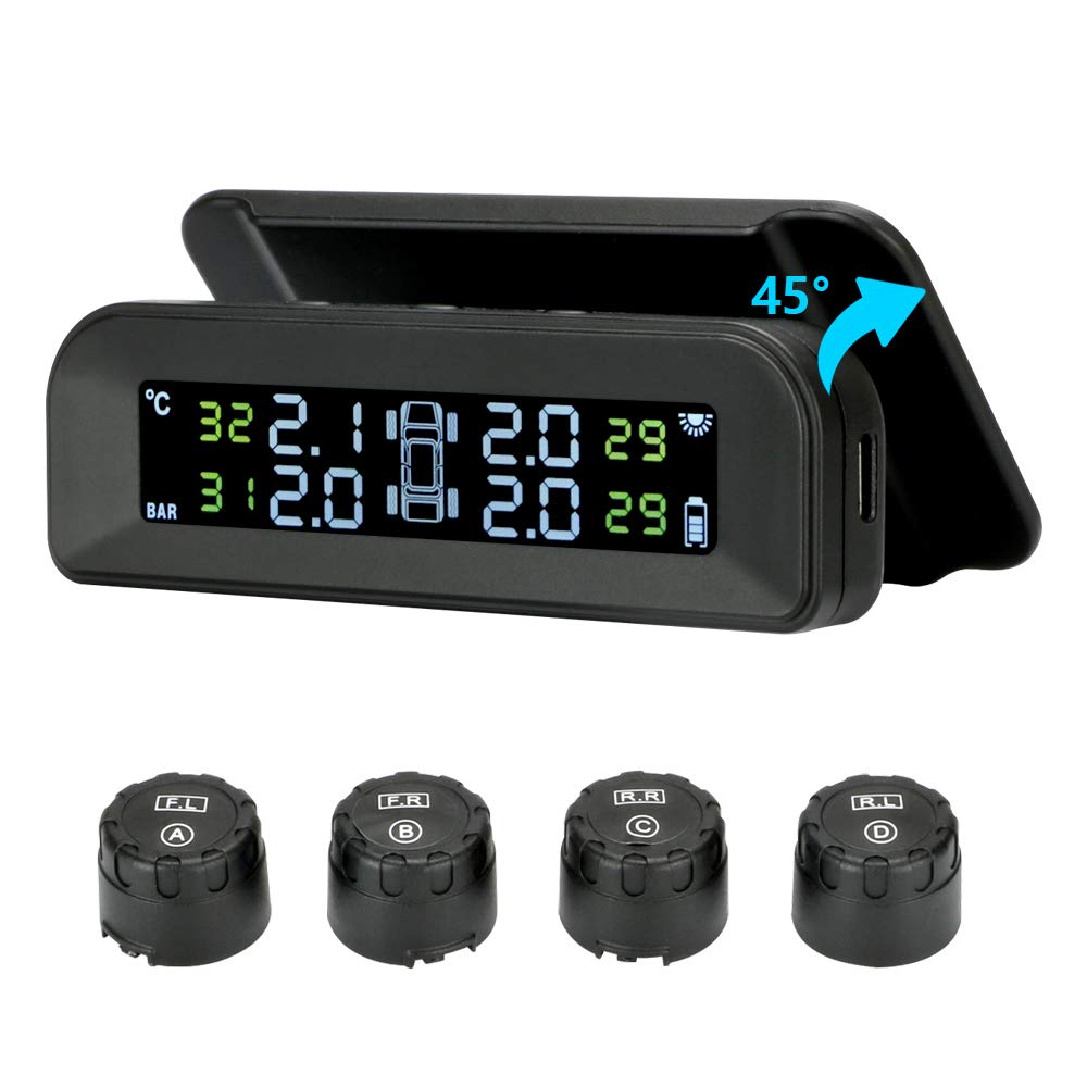 Tire Pressure Monitoring System Wireless Solar TPMS, Tire Pressure Monitor Installed on Windowshield with 4 External