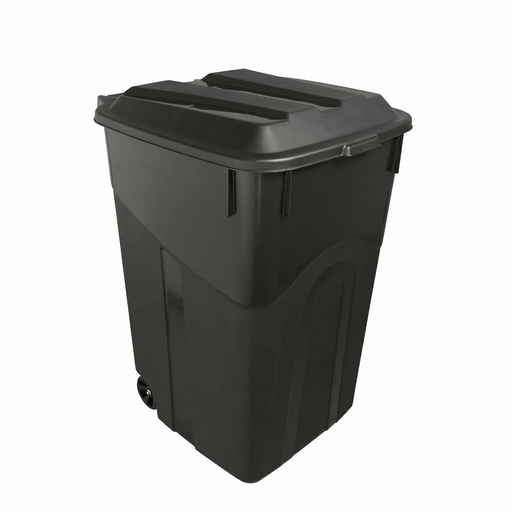 45 Gallon Wheeled Heavy Duty Plastic Garbage Can with Attached Lid, Durable Outdoor Trash Can with Wheels, Large