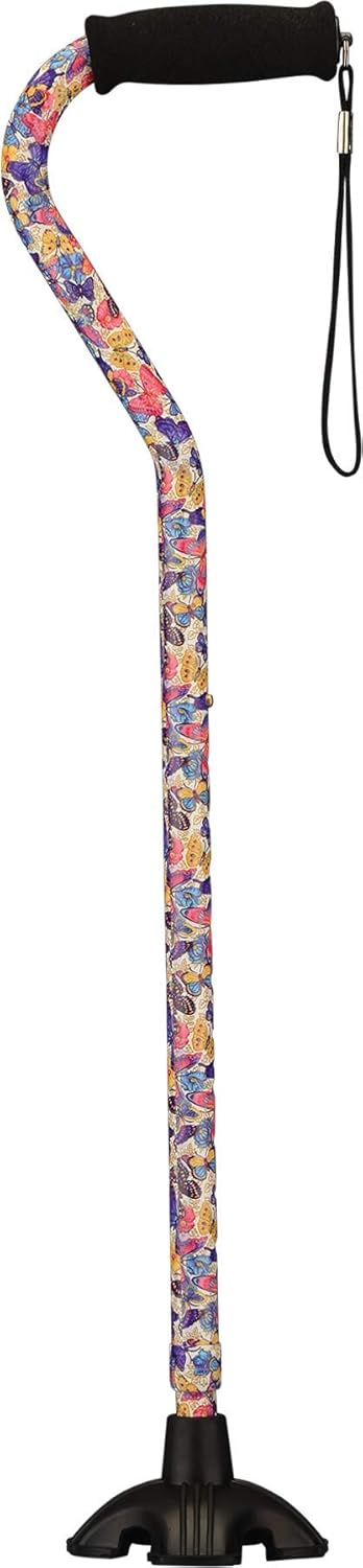 Joy Designer Offset Quad Cane for Seniors - Unisex Adjustable Lightweight Walking Aid with Foam Handle, Wrist Strap