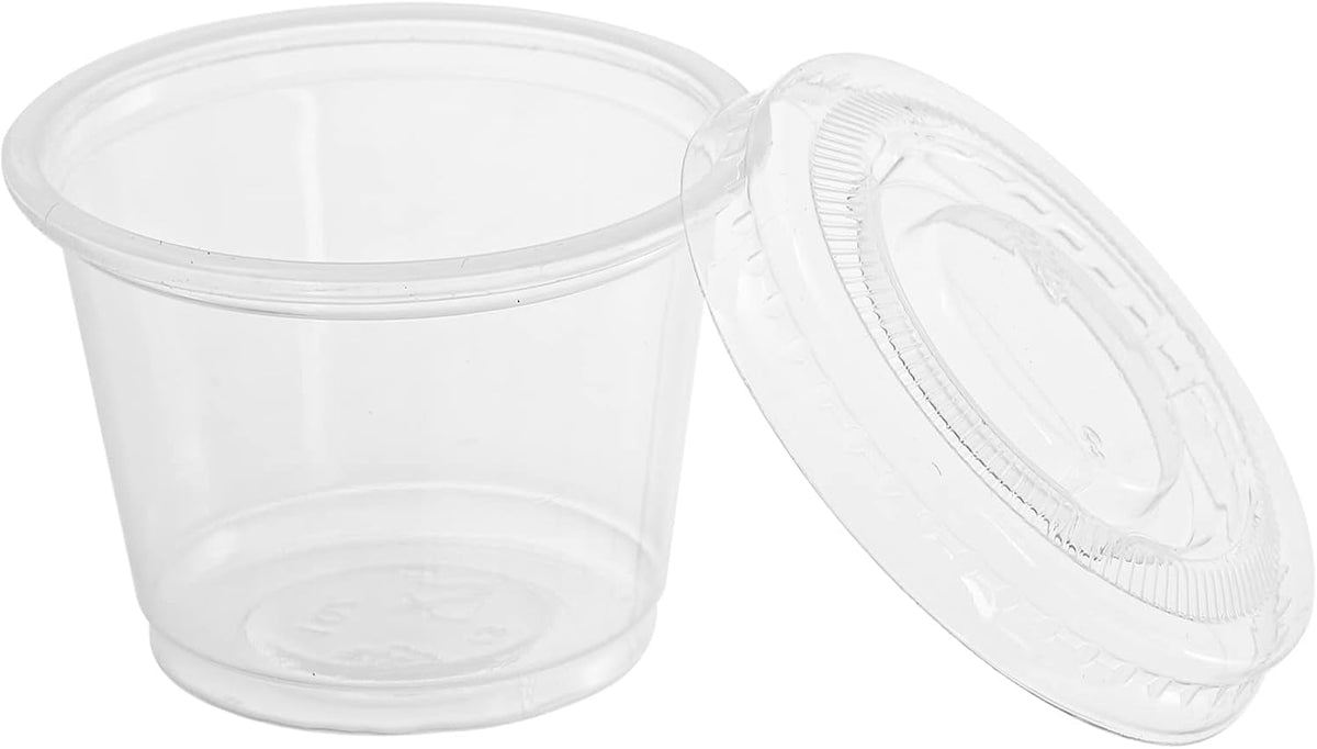 600 Sets 1 Oz Disposable Portion Cups with Lids, Clear Jello Shot Cups, Plastic Souffle Portion Cups, Sampling Cups