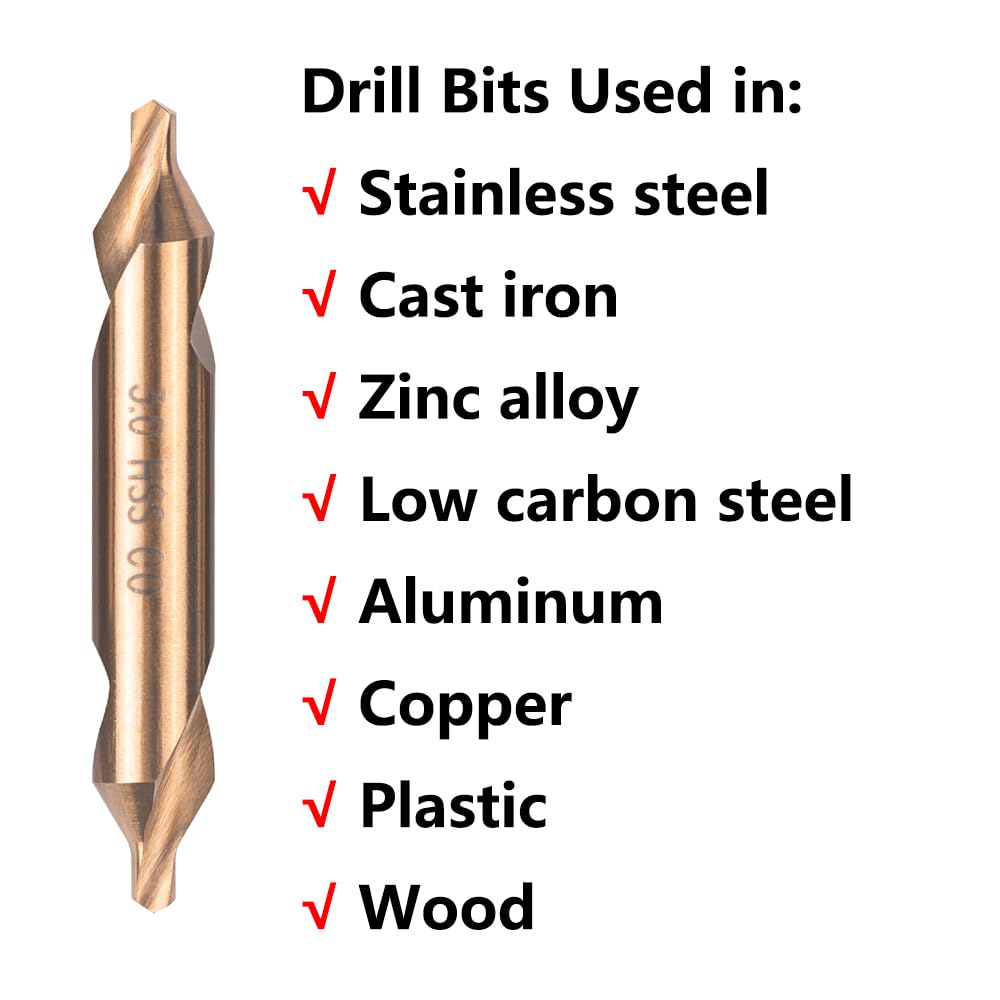 7PCS Cobalt Center Drill Bits Set, M35 High Speed Steel 60-Degree Angle Center Drill Bits Kit Countersink Tools for Lathe Metalworking Size 1.0 1.5 2.0 2.5 3.0 4.0 5.0