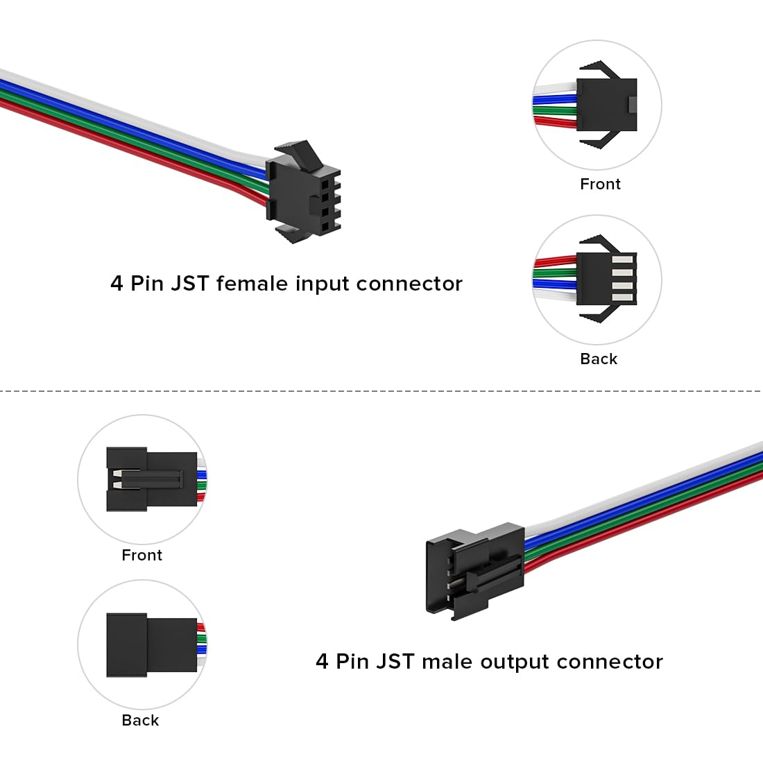BTF-LIGHTING 5 PCS JST SM 4PIN V Shape 1 to 2 Connectors for 4 Pin SMD WS2801 WS2805 WS2813 WS2815 SK9822 TM1934 APA102 IC Addressable LED Strip Female Male 15CM 22AWG Wire