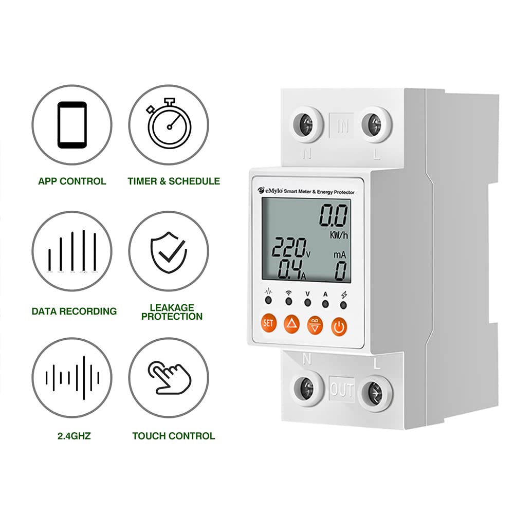 eMylo 63A Single-Phase WiFi Energy Meter with LCD & Leakage Protection