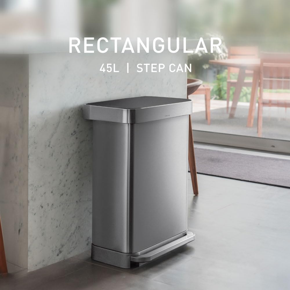 Rectangular Step Can, 45L / 12 Gallon Kitchen Trash Can, Liner Rim System, Liner Pocket, 150,000-Step Pedal, Lid Shox