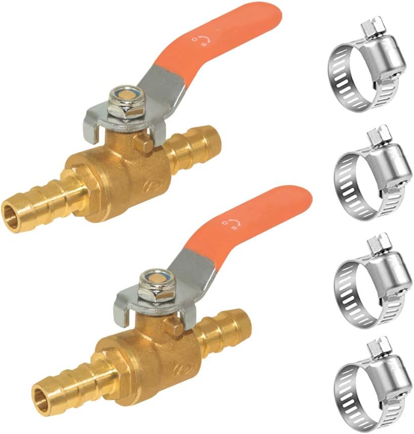 Hooshing 2 Pack 1/2" Hose Barb Brass Mini Ball Valve Shut Off Valve & Clamp