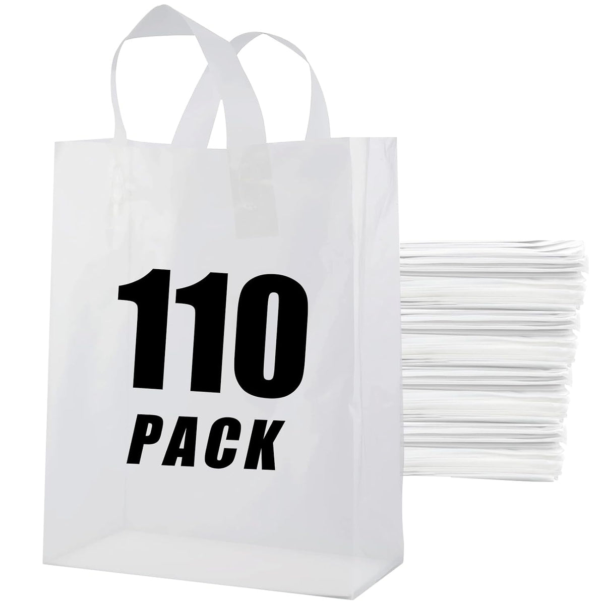 Plastic Bags with Handles - 110 Pack Clear Frosted Gift Bags with Cardboard Bottom, 25LB Thickened Boutique Bags Bulk