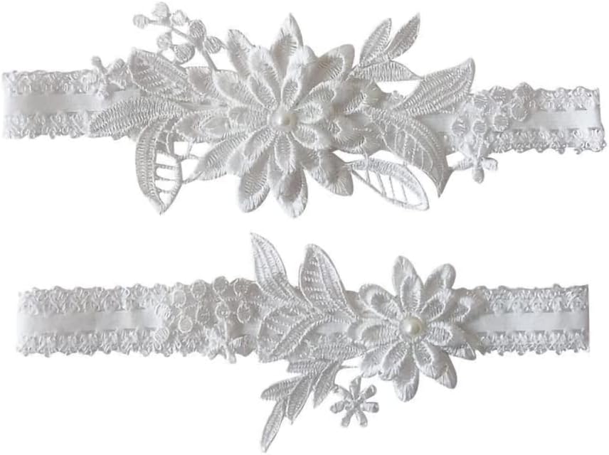 Wedding Garters for Bride Bridal Lace Garter Set Floral Leg Ring with Hand Sewn Faux Pearls