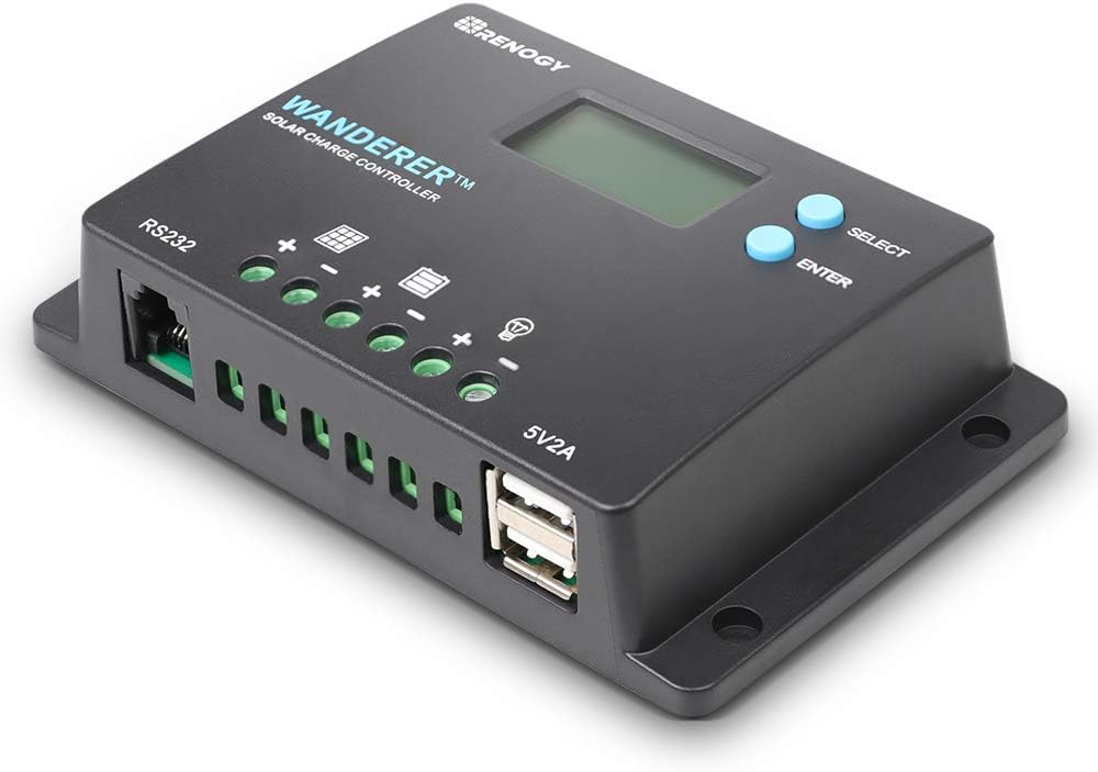 Wanderer 10A PWM Solar Charge Controller 12/24V for Solar Panels | 50V PV input, AGM/Gel/Flooded (auto), Li (manual)