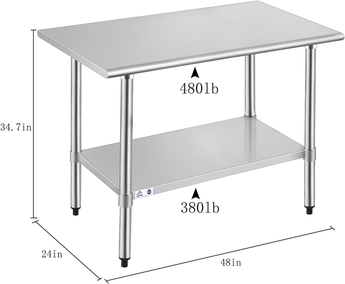 Stainless Steel Table for Prep & Work 24x48 Inches, NSF Metal Commercial Kitchen Heavy Duty Table with Adjustable