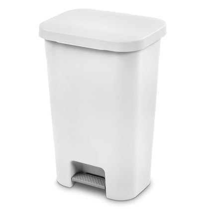 Large Kitchen Trash Can, 11.9 Gallon Plastic Garbage Bin with Step Lid, White, Hands-Free Foot Pedal, Fits Standard