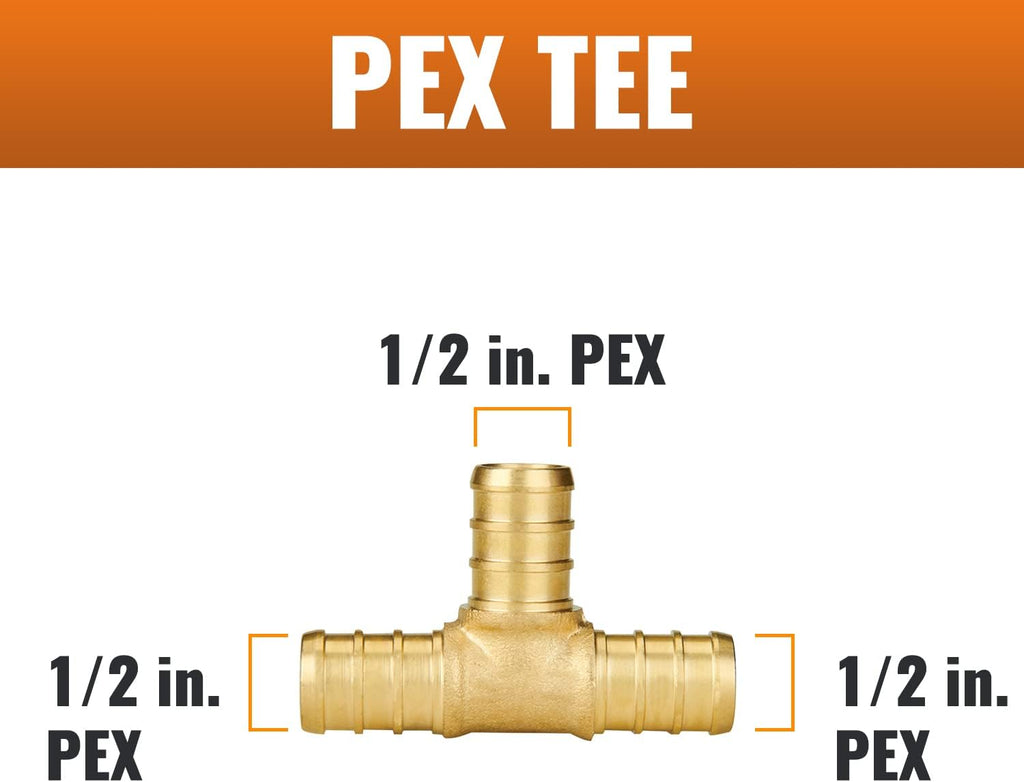 5-Pack 1/2 Inch PEX Tee, Brass PEX T Fittings | PEX Crimp Pipe Fittings 1/2" for Plumbing