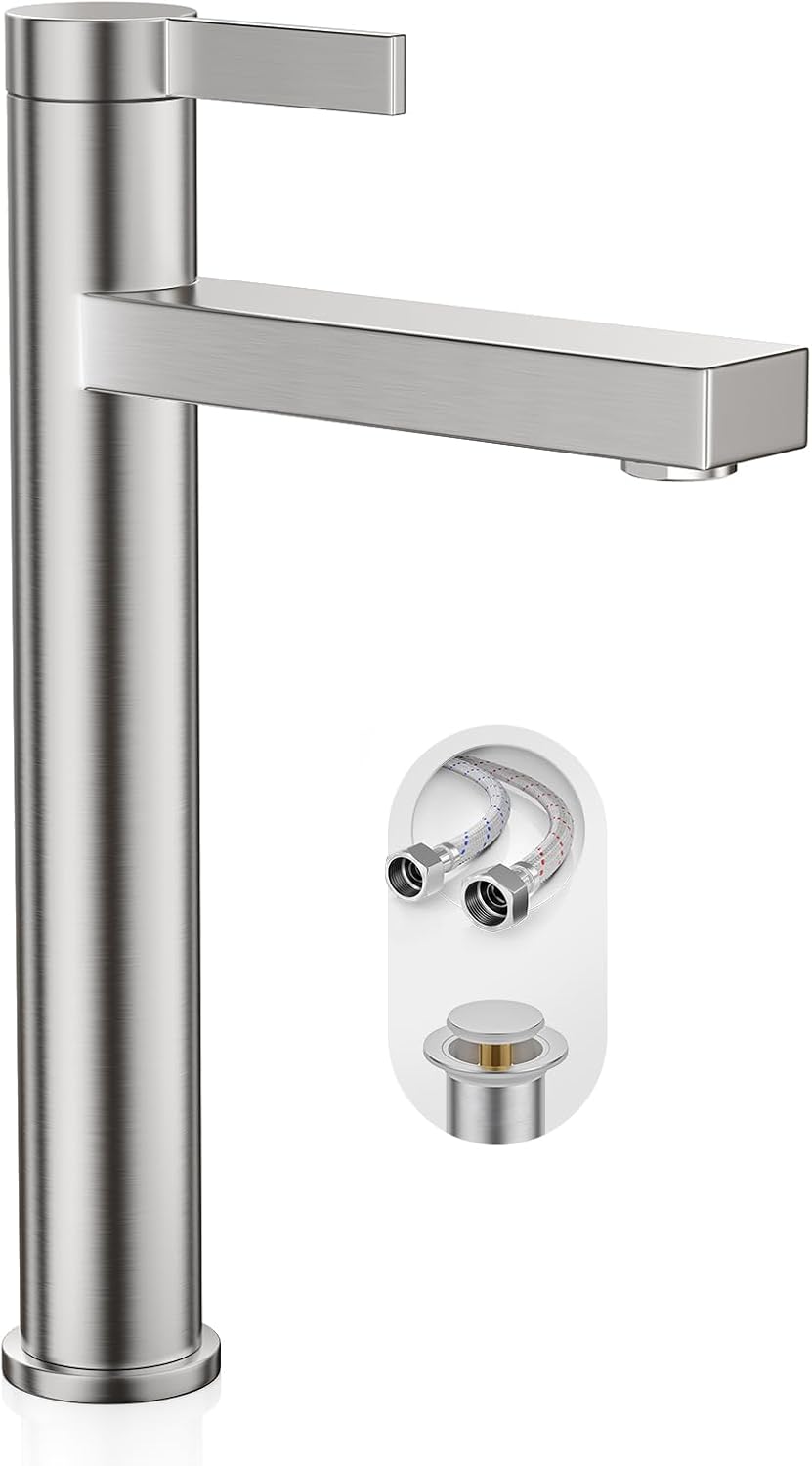 Brushed Nickel Tall Bathroom Vessel Sink Faucet, Single Hole Single Handle Modern Above Counter Sink Bathroom Faucet