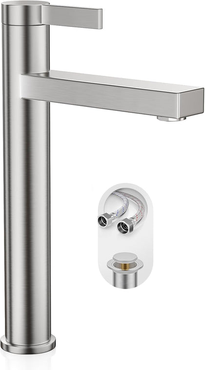 Brushed Nickel Tall Bathroom Vessel Sink Faucet, Single Hole Single Handle Modern Above Counter Sink Bathroom Faucet