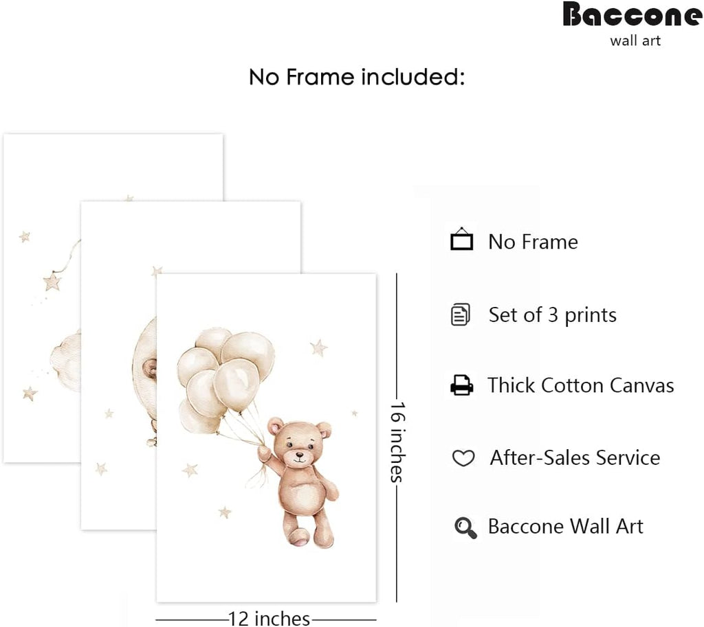 Bear Nursery Wall Art Decor Set of 3 Teddy Bear Canvas Wall Art Baby Boy Nursery Decor Prints Neutral Pictures Moon