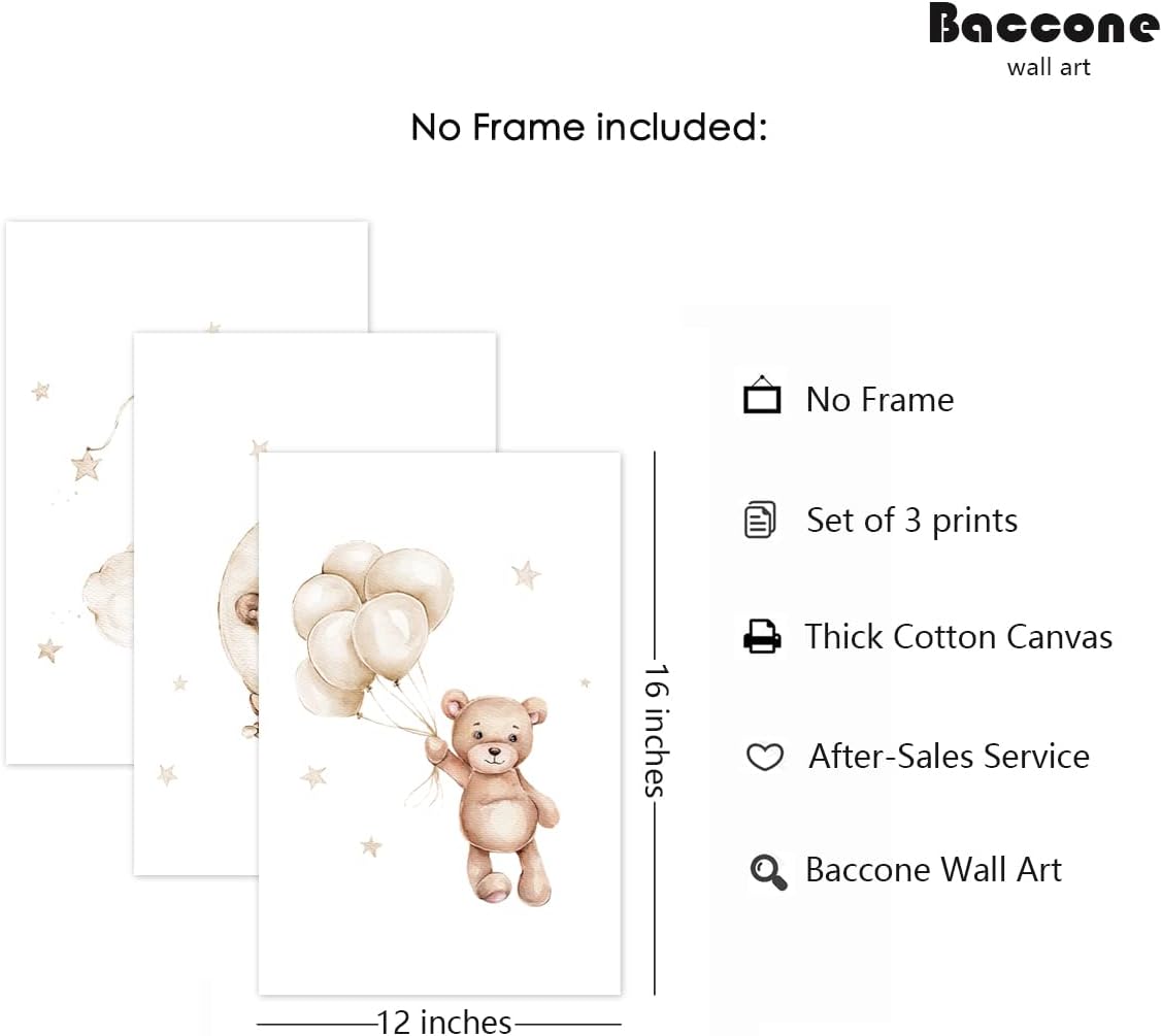 Bear Nursery Wall Art Decor Set of 3 Teddy Bear Canvas Wall Art Baby Boy Nursery Decor Prints Neutral Pictures Moon