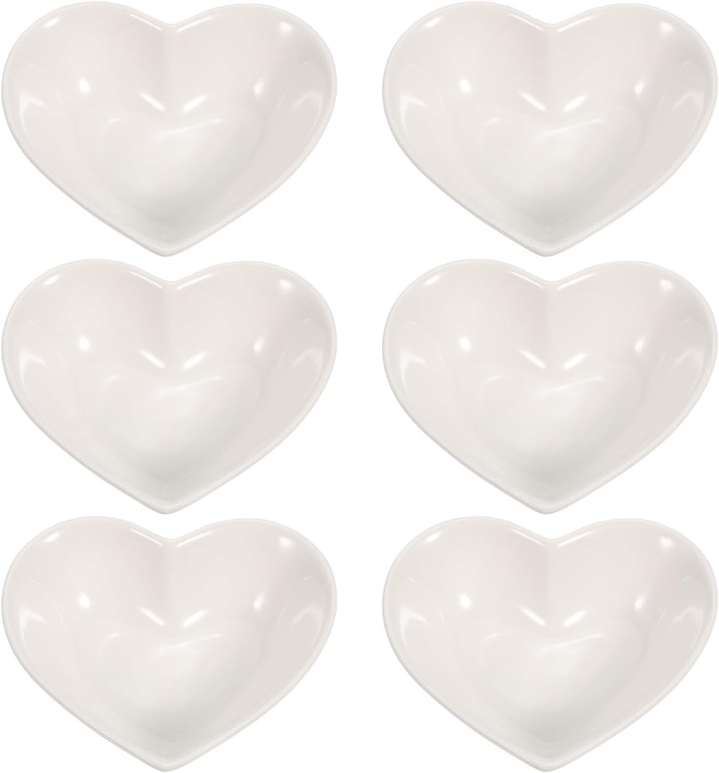 White Heart-shaped Ceramic Side Dipping Bowl, 5" Porcelain Dish Bowl Set of 6, Mini Appetizer Plates Seasoning Dishes