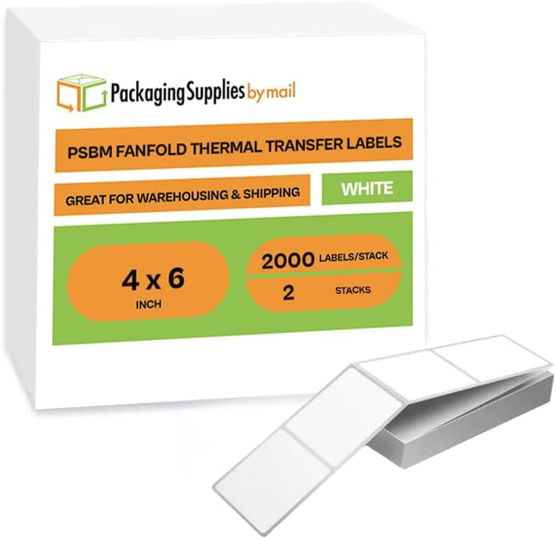 PSBM Fanfold Direct Thermal Transfer Label, 2 Stacks 4 x 6 Inch, 2000 Labels/Stack, Self-Adhesive Shipping/Address