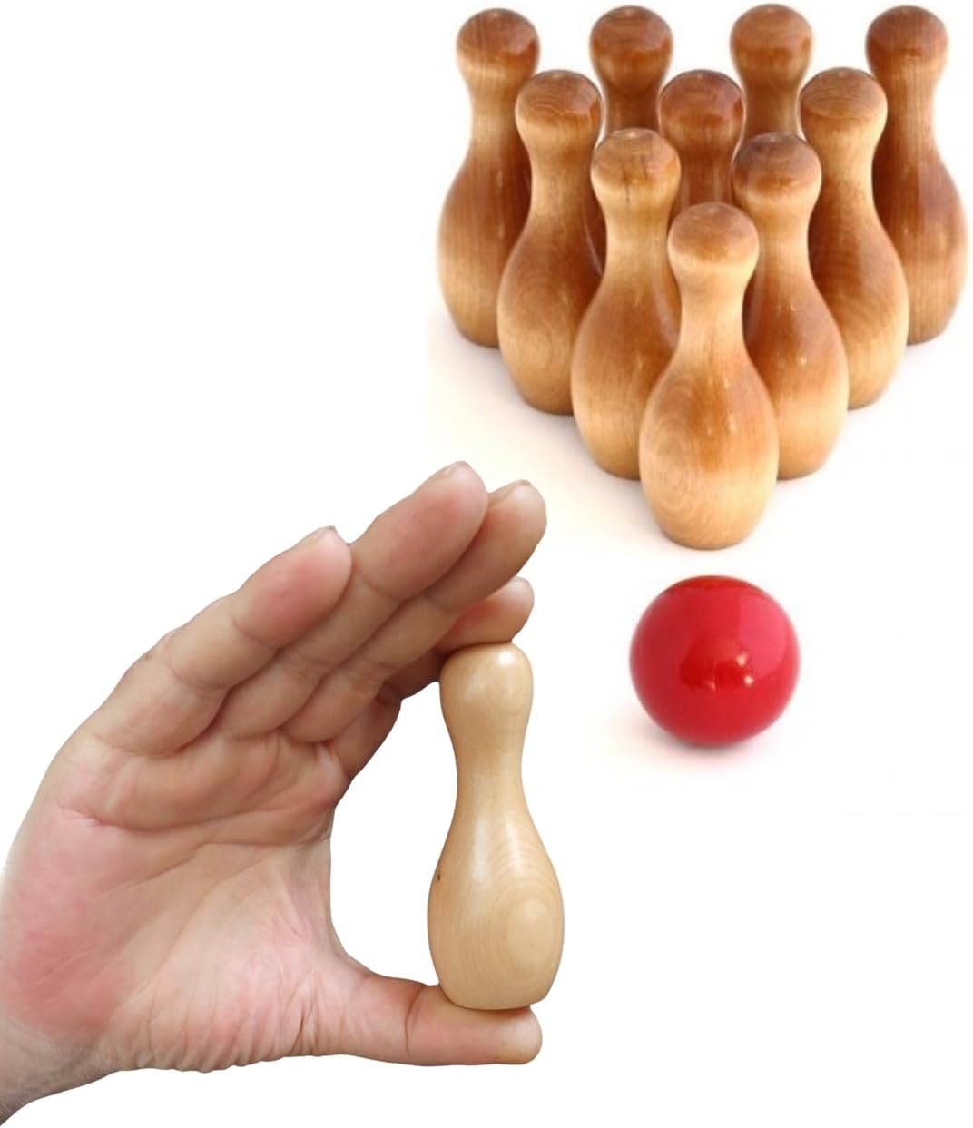 Wooden Shuffleboard Bowling Pin Set with Red Ball – 10-Piece Mini Bowling Pins, Solid Wood Tabletop Game Accessory