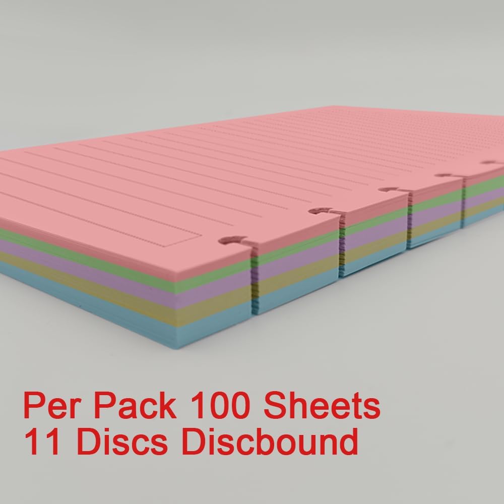 Letter Size Discbound Lined Refill Paper, 11 Disc Discbound, 5 Colors(20 Sheets/Color), Total 100Sheets / 200Pages