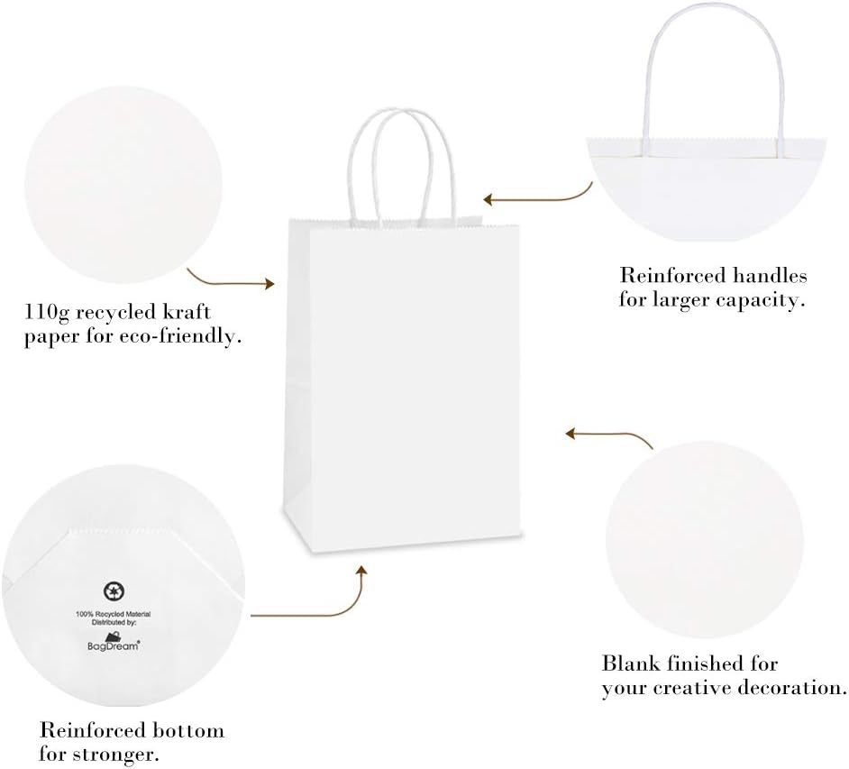 Gift Bags with Handles 5.25x3x8 Inch Small White 100 Pack Bulk