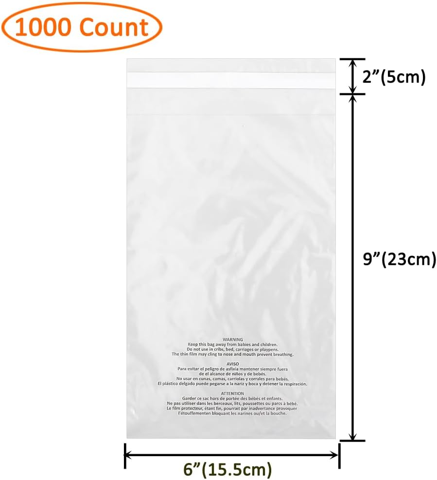 1000 Count 6x9 Inch Self Seal Clear Poly Bags