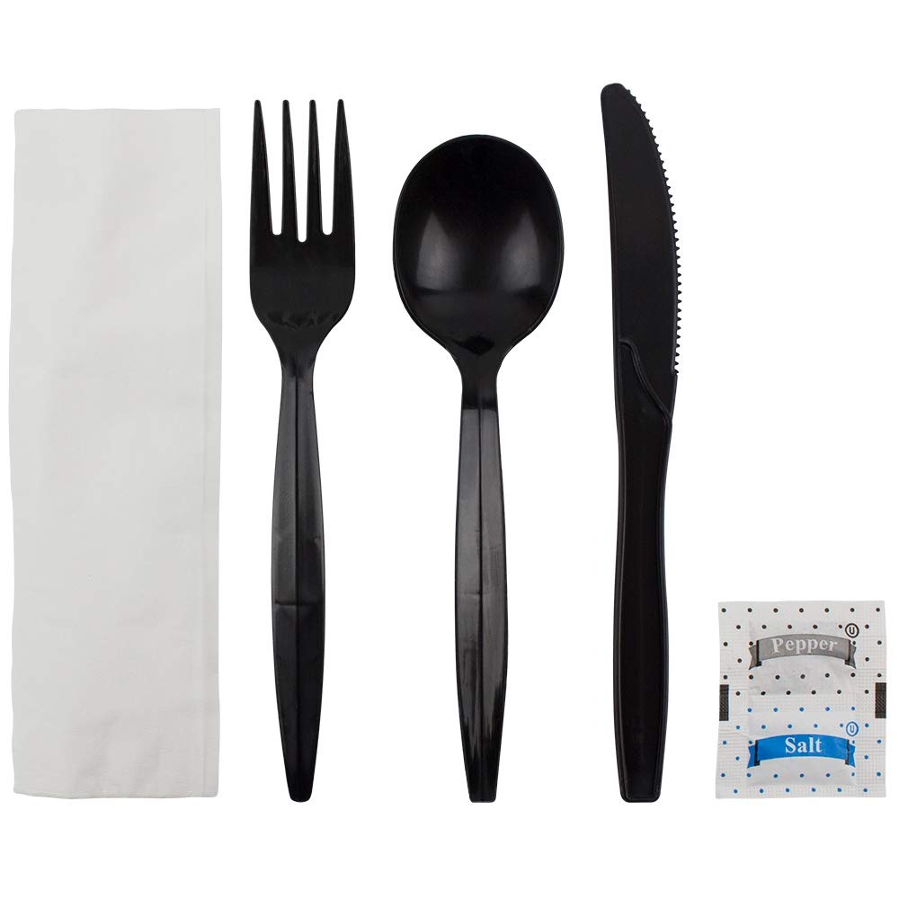 [250 ct] Medium Weight Wrapped Black Plastic Cutlery Pack (Fork/ Knife/ Spoon with Salt & Pepper, Napkin) U2202B