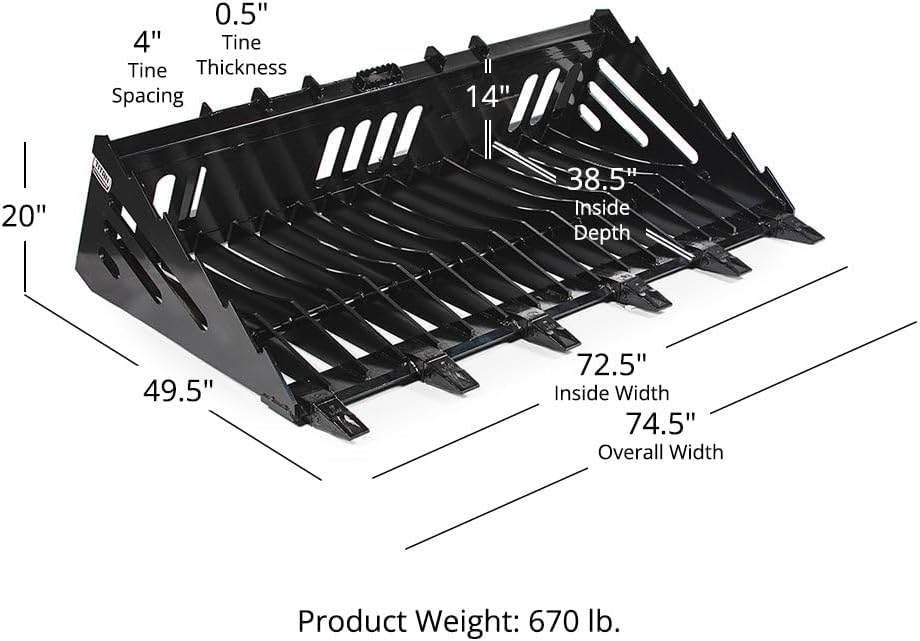 72" Skeleton Rock Bucket with Bolt-On Teeth, Skid Steer Quick Tach Mounting System, 4" Spaced Tines, Reinforced Side