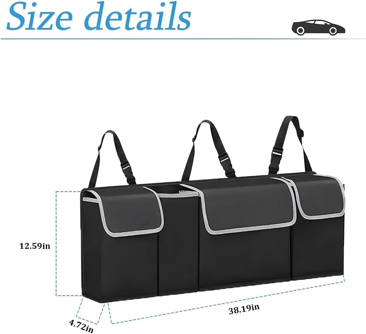 Car Trunk Organizer, Backseat Hanging Large Storage with Adjustable Straps, Waterproof Collapsible Cargo Bag with 4