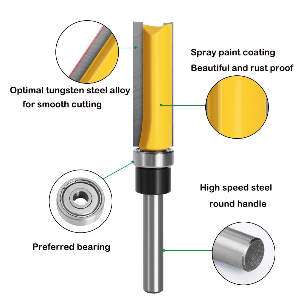 Pattern Flush Trim Bit 4 Pcs Router Bits，Top Bearing Flush Trim Bits Set，1/4 Inch Shank ,Cutting Length 1/2", 3/4"