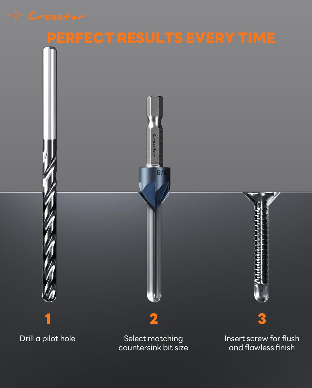 Crosstar 8Pcs Cobalt Countersink Drill Bit Set, 1/4"-3/4", 1/4" Hex Shank