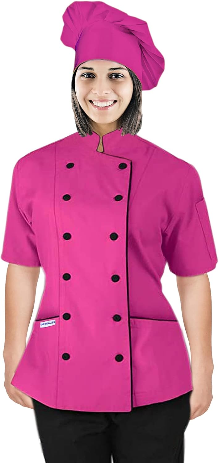 Short Sleeves Chef Coat Jacket Uniform with Chef Hat for Women for Food Service, Caterers, Bakers and Culinary