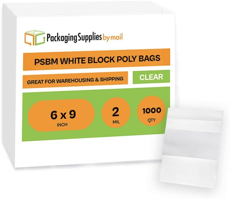 PSBM White Block Reclosable Plastic Poly Bags 2 Mil 6 x 9 Inch 1000 Pcs