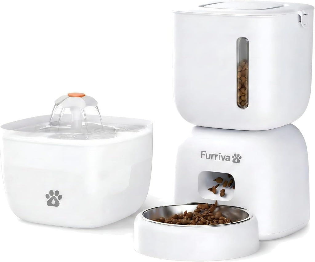 Automatic Cat Feeder and Water Fountain Set, White - 3L Feeder & 2L Fountain, Stainless Steel Bowl, Locking Lid