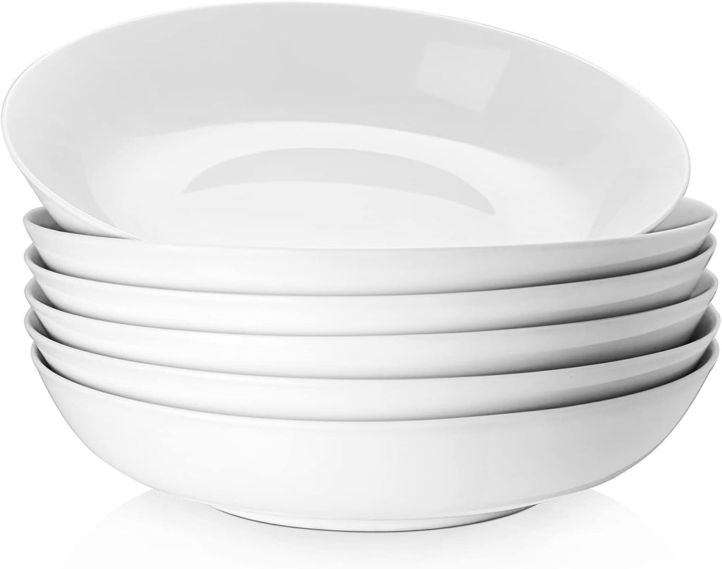 9" Pasta Bowls, 40oz Large Salad Bowls Set of 6, Wide Shallow Ceramic Bowls for Serving Soup, White Dinner Plates Set