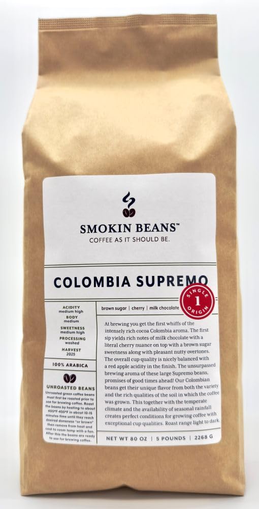 Colombia Supremo Washed Unroasted Green Coffee Beans 5-Lb, 1ct