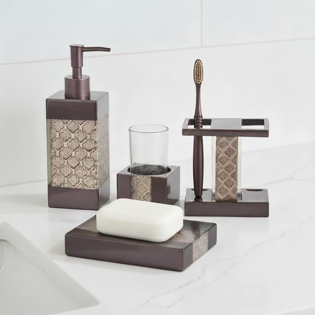 Dahlia Brown 4 Piece Bathroom Accessories Set | Includes Soap Dispenser, Toothbrush Holder, Tumbler Cup & Soap Dish