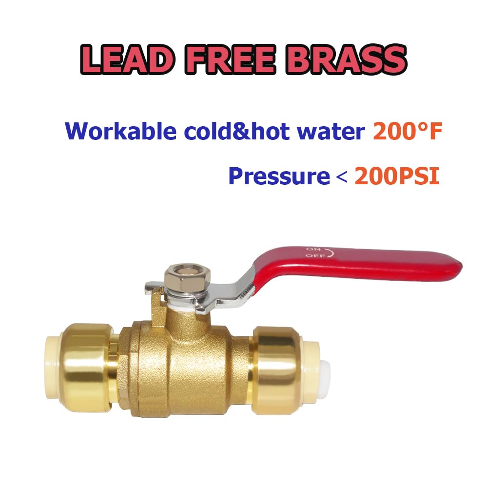 Hooshing 2 Pack 1/2 Inch Push-Fit Full Port Ball Valve, Red Handle