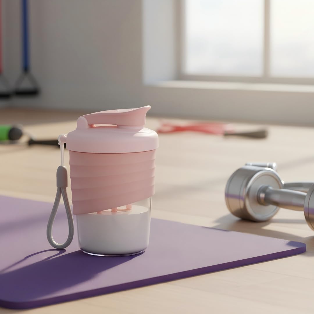 Protein Shaker Bottle, Pink, 14 oz Leak-Proof with Non-Slip Silicone Grip, Mixing Ball, Detachable Nylon Strap
